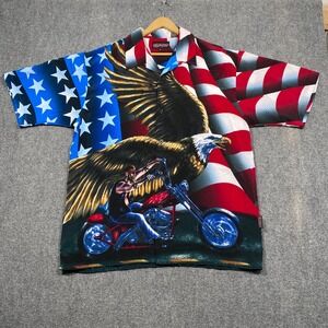Patriotic Eagle Motorcycle American Flag Shirt Mens XL Red White Blue Biker